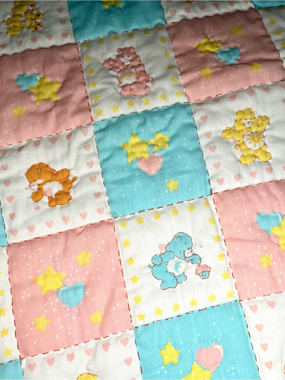 Vintage 1986 Care Bears Handmade Patchwork Baby Quilt Blanket 51”x42”